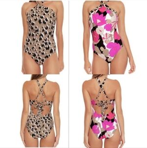 Trina Turk Lynx Reversible High Neck Maillot Swimsuit Size 8